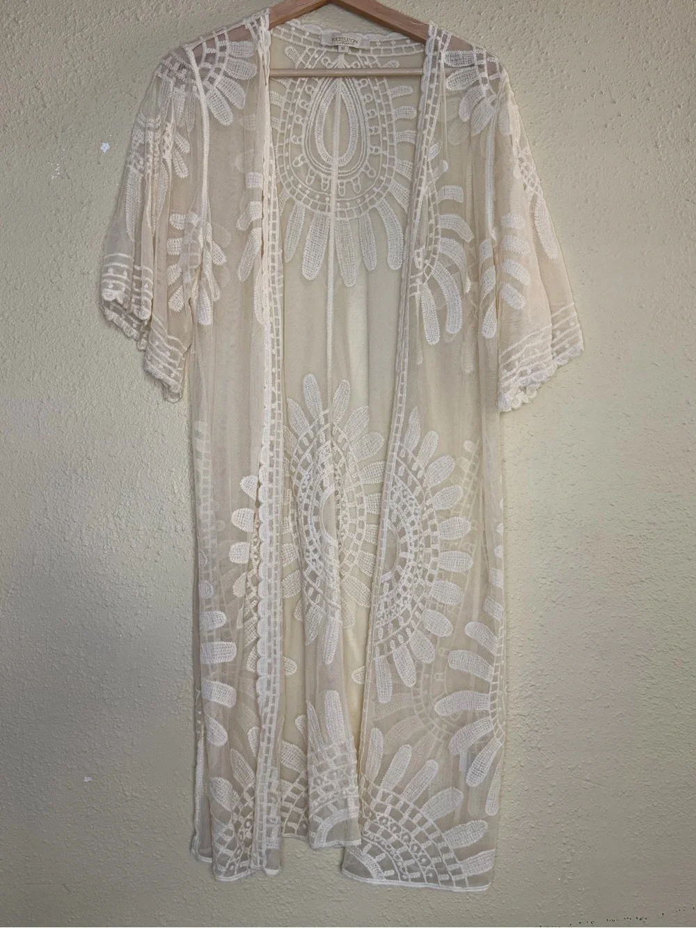 Rebellion | Lace Kimono Cover Up Boho Ivory Cream Embroidered - Size M